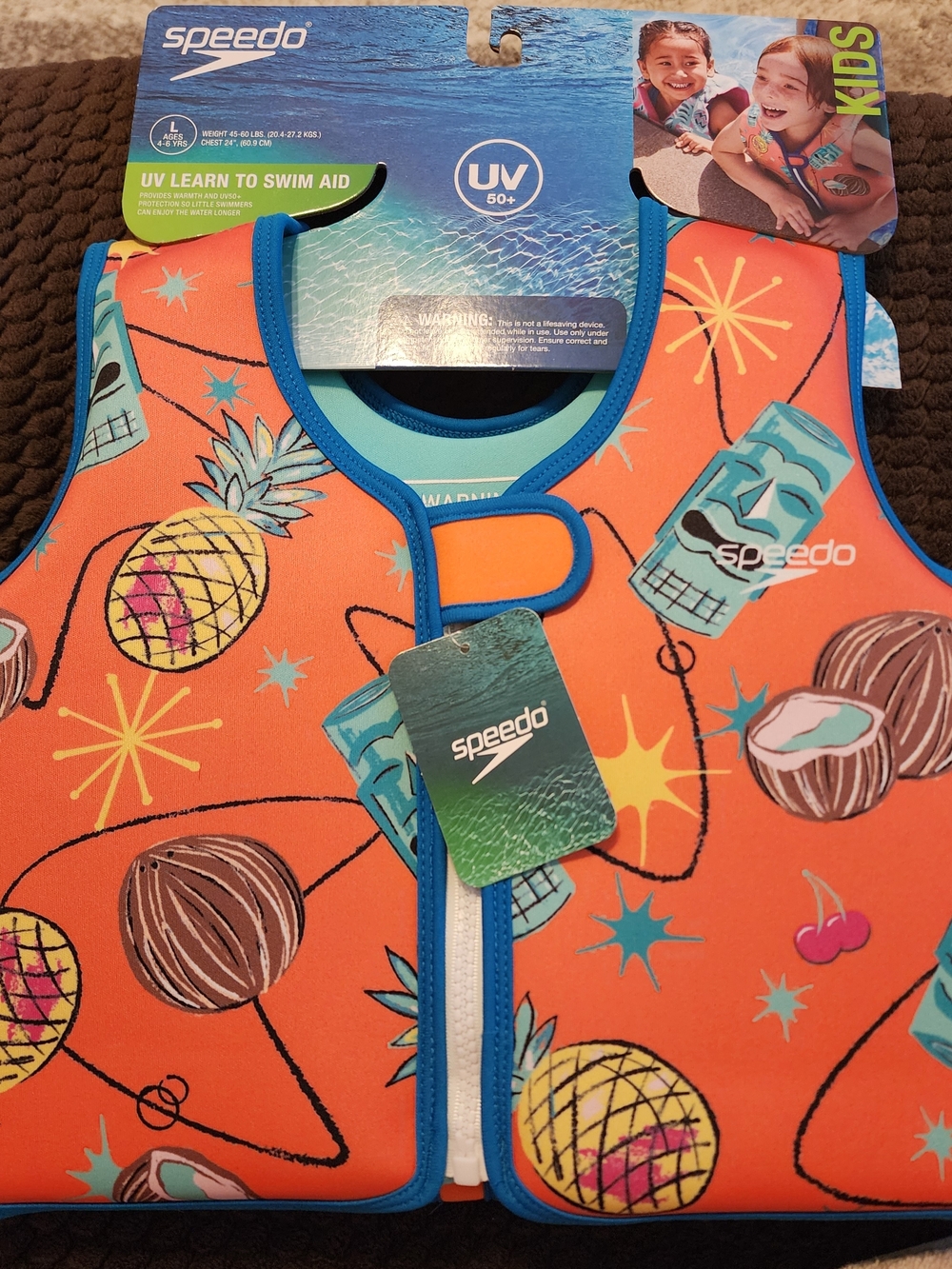 2 - Speedo Kids Orange Pineapple & Tiki Swim Vest - UV Learn to Swim Aid. NWT